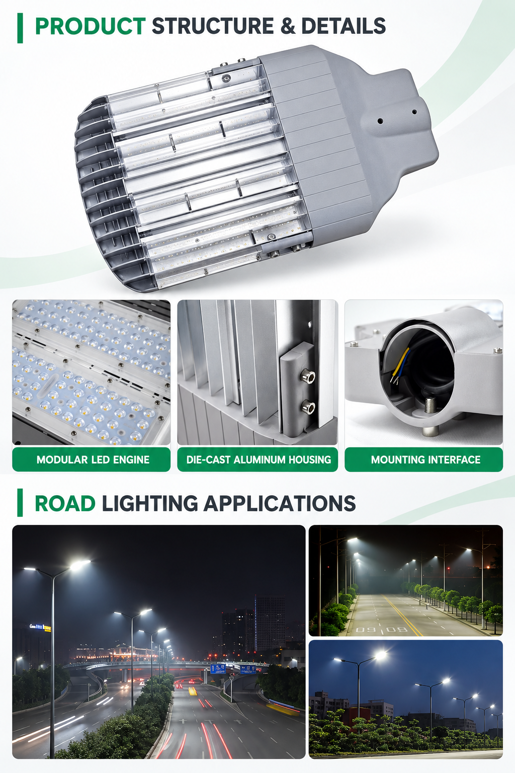 HLD modular LED street light structure, product details and road lighting applications