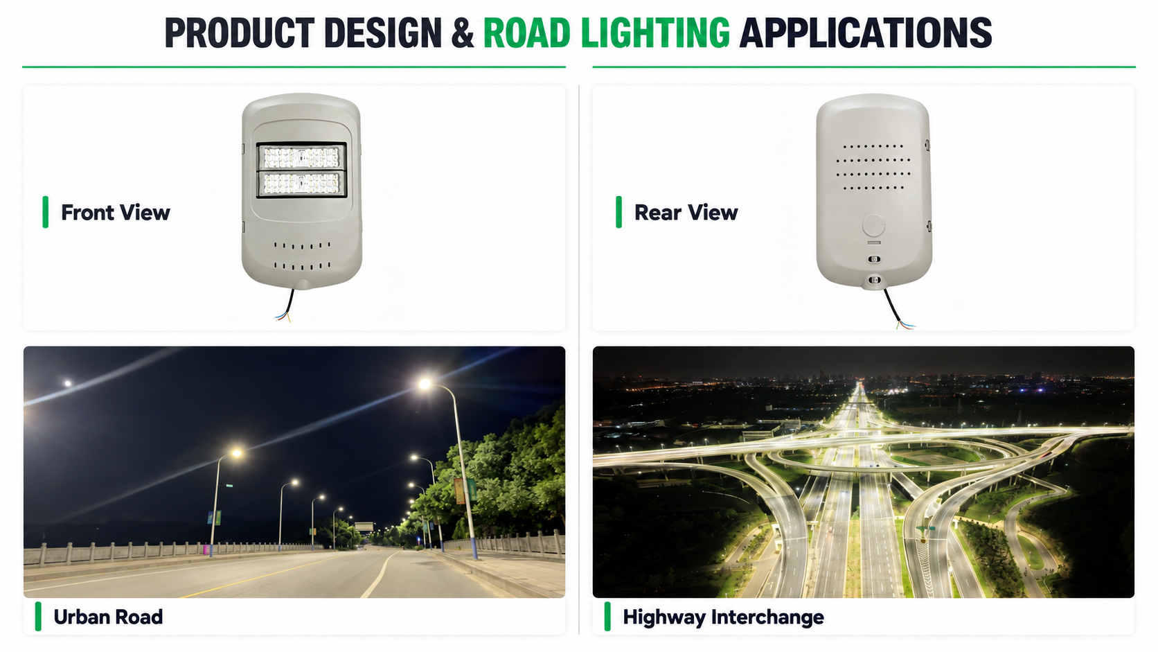 XT-ZEN LED street light front and rear views with urban road and highway lighting applications