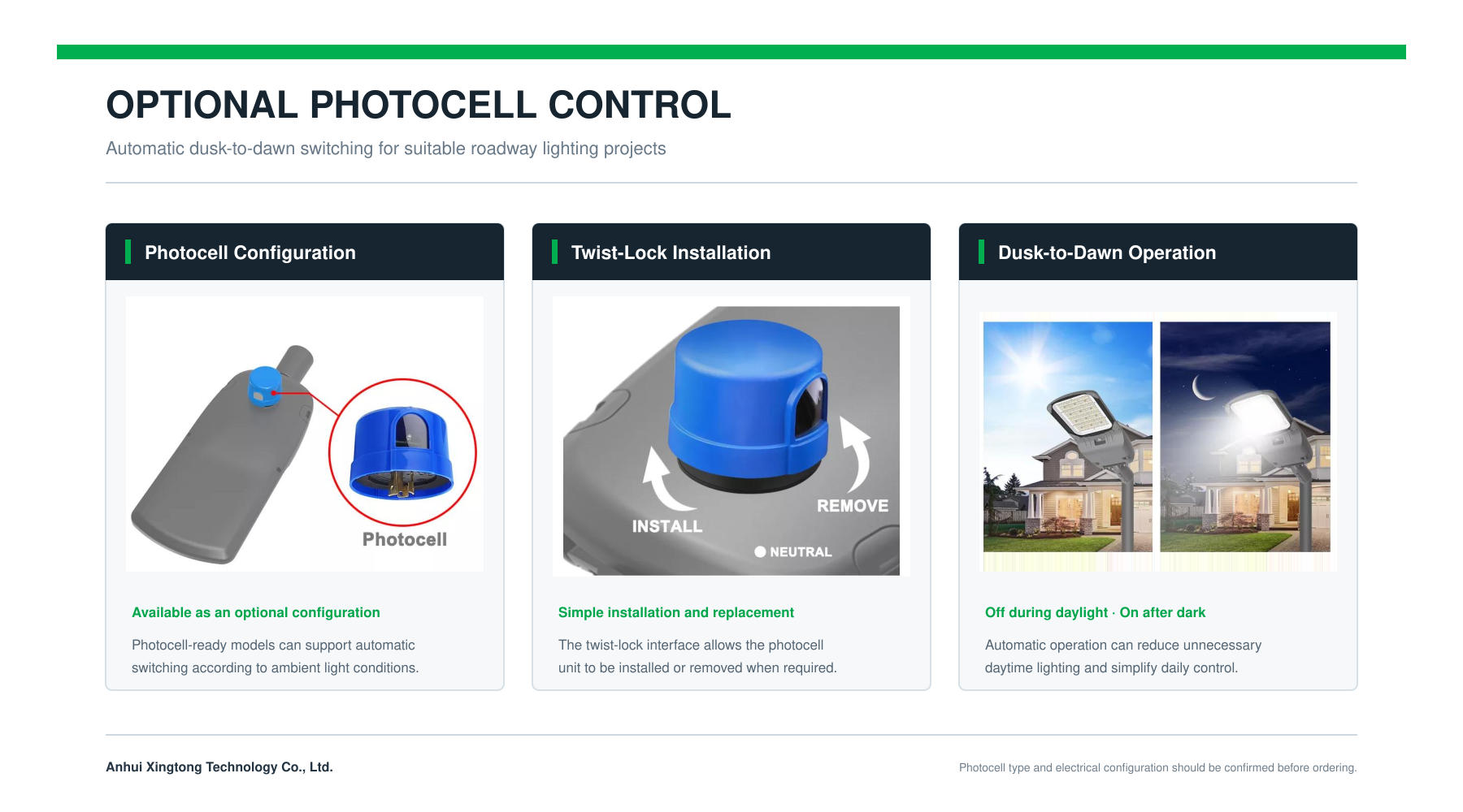 Optional photocell control and dusk-to-dawn operation for XT-SLL LED street light