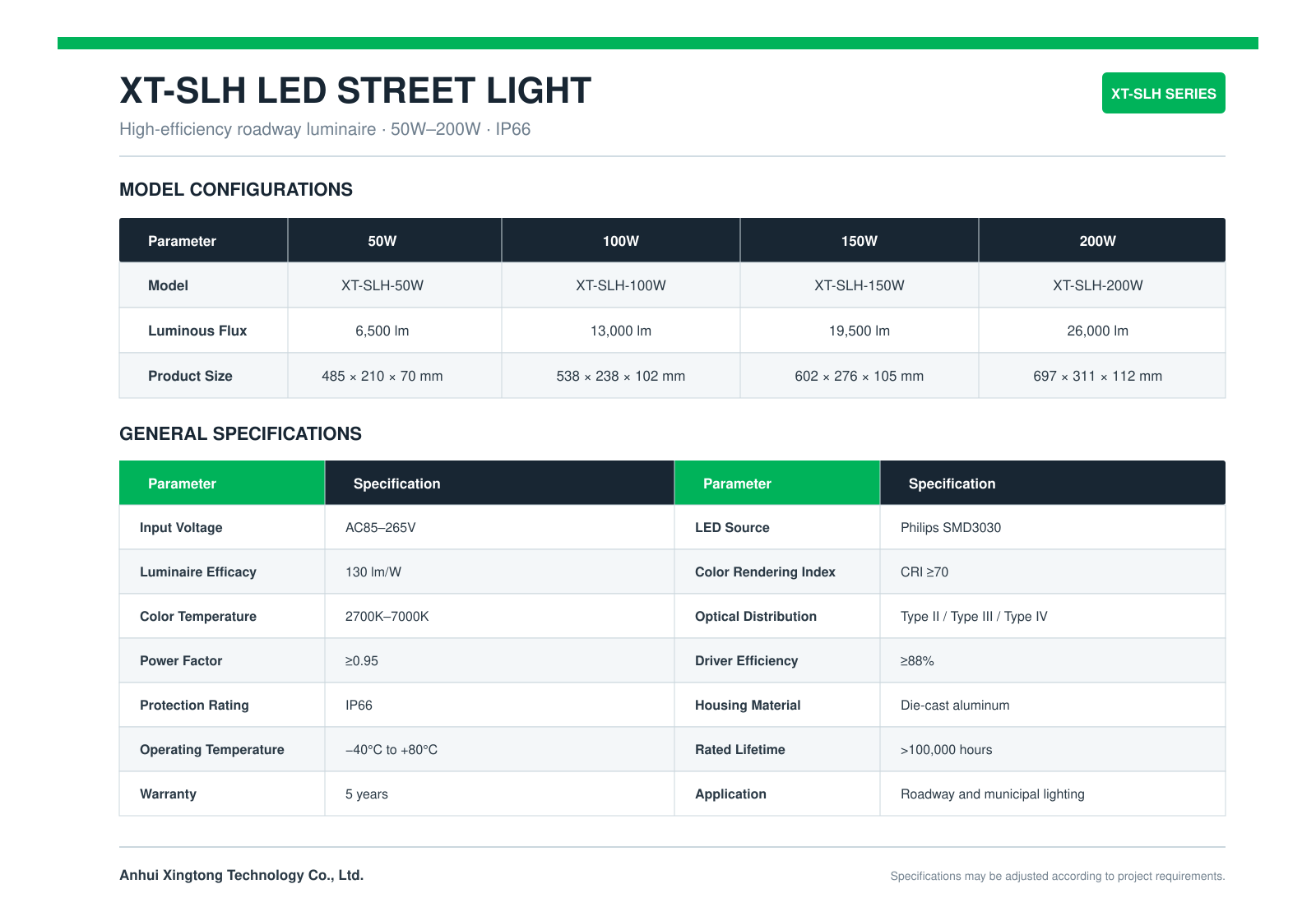 XT-SLH LED Street Light 50W-200W Technical Specifications