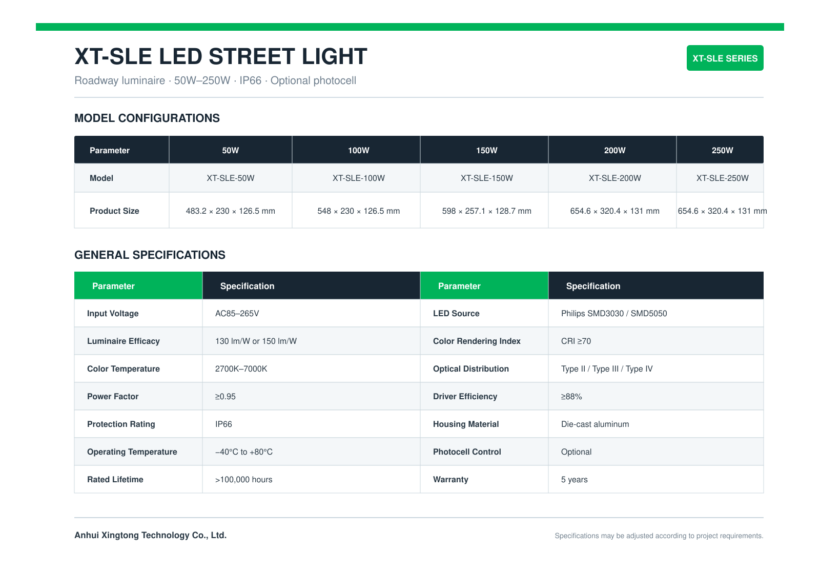 XT-SLE LED Street Light 50W-250W Technical Specifications