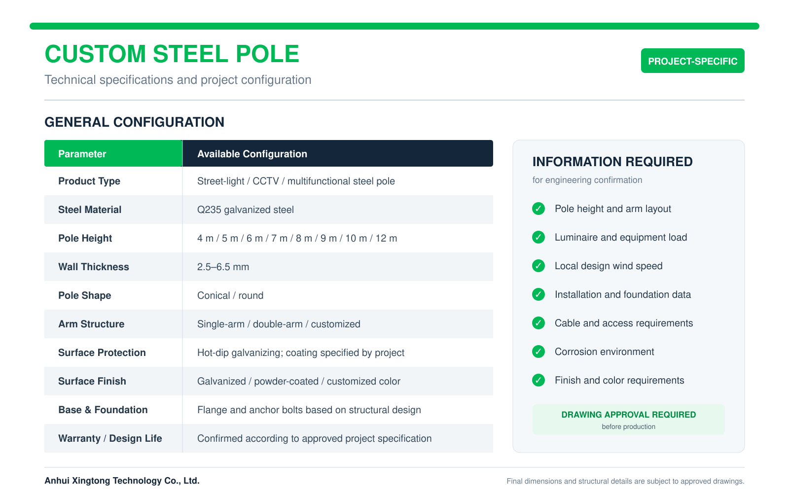 Custom Steel Pole Technical Specifications
