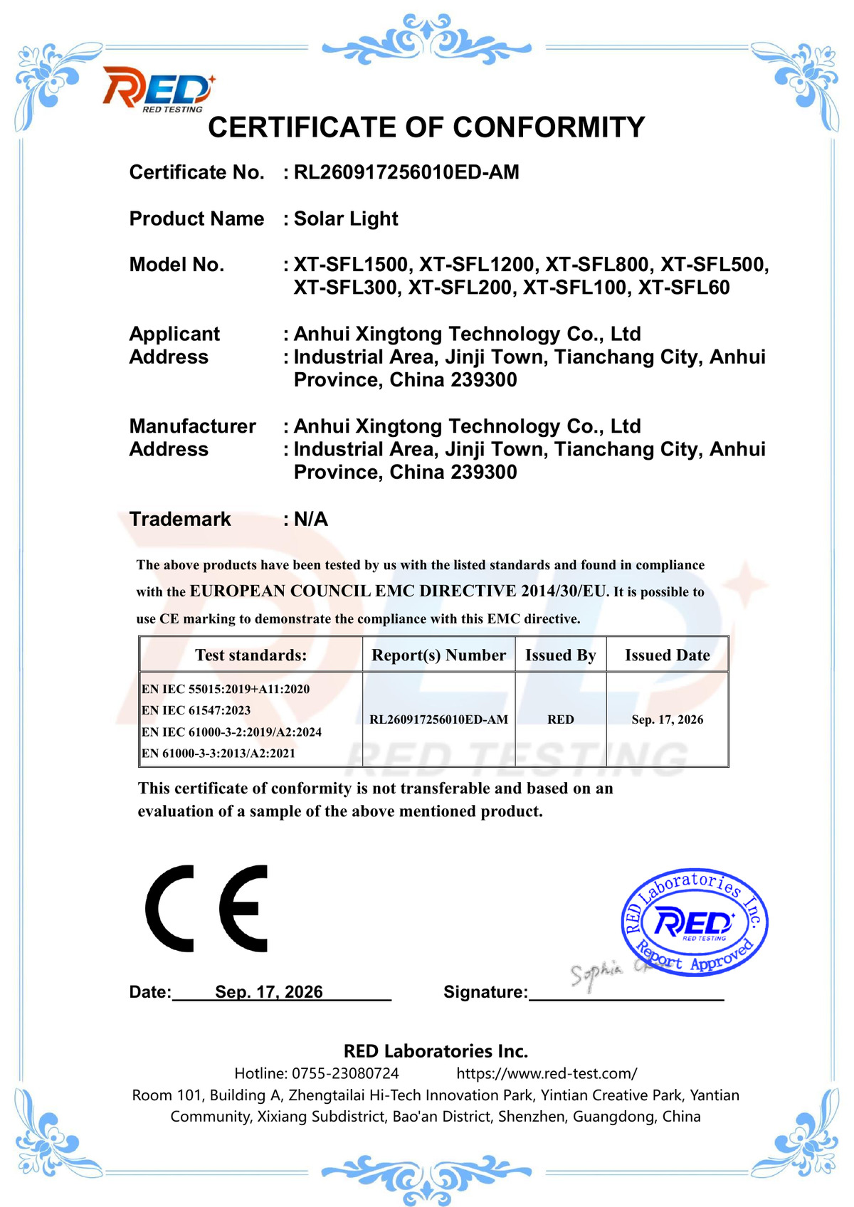 XT-SFL Series EMC Certificate XT-SFL Series EMC Certificate
