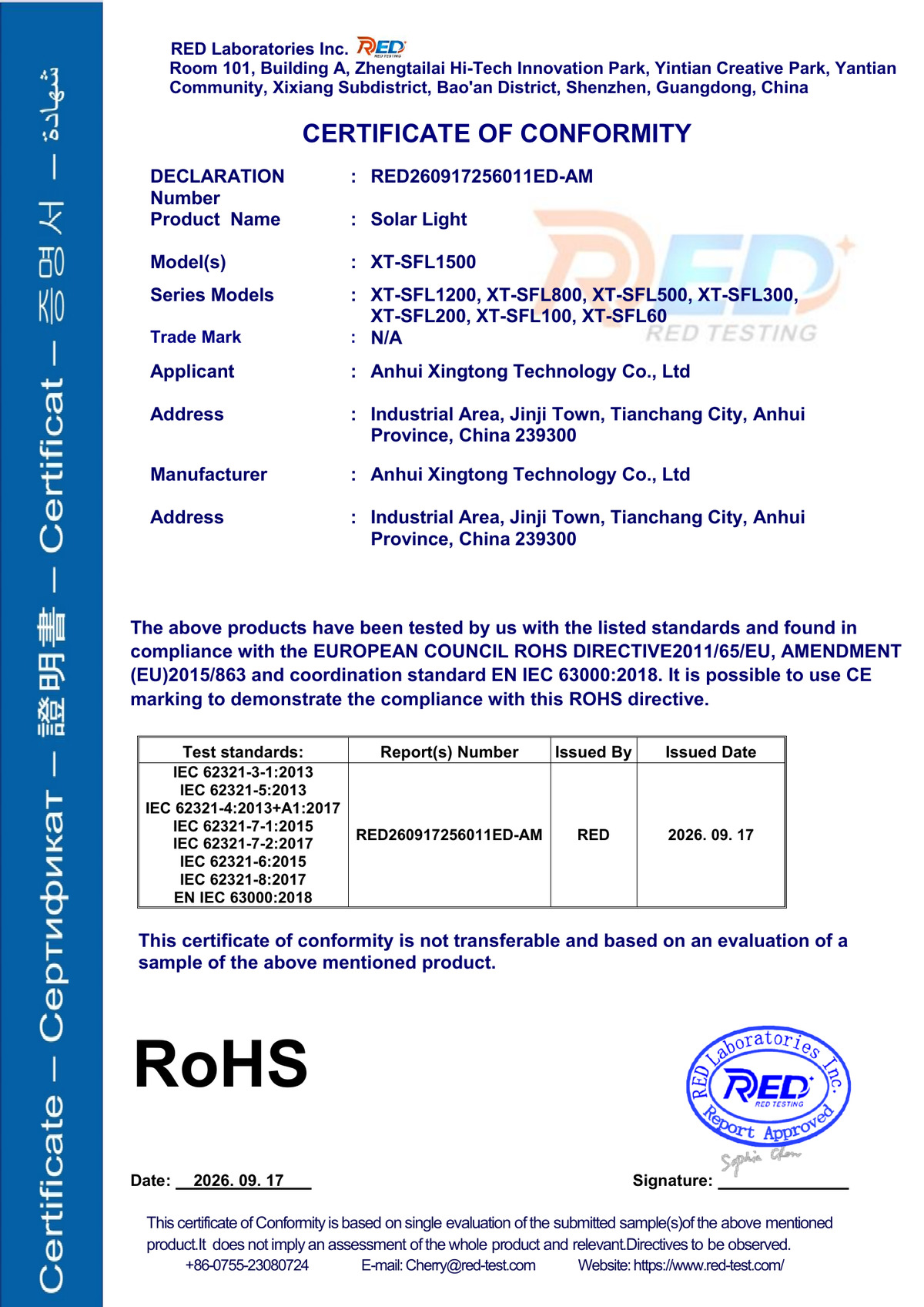 XT-SFL Series RoHS Certificate XT-SFL Series RoHS Certificate