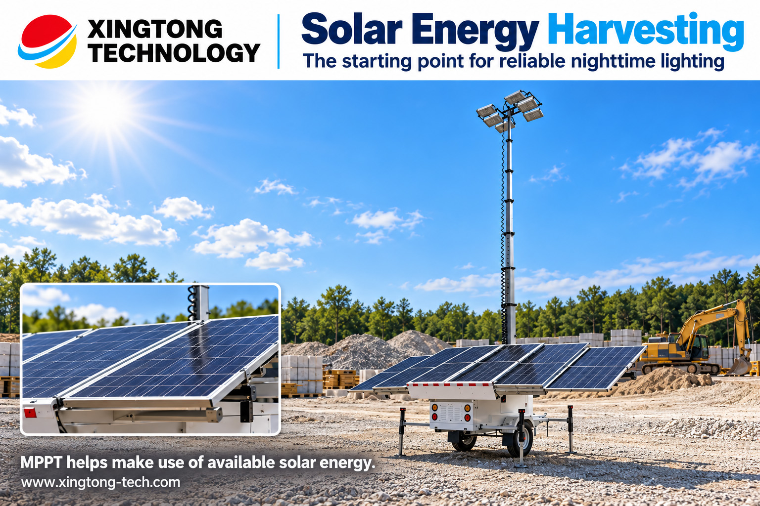 Illustration of a Xingtong Technology mobile solar lighting tower harvesting solar energy.