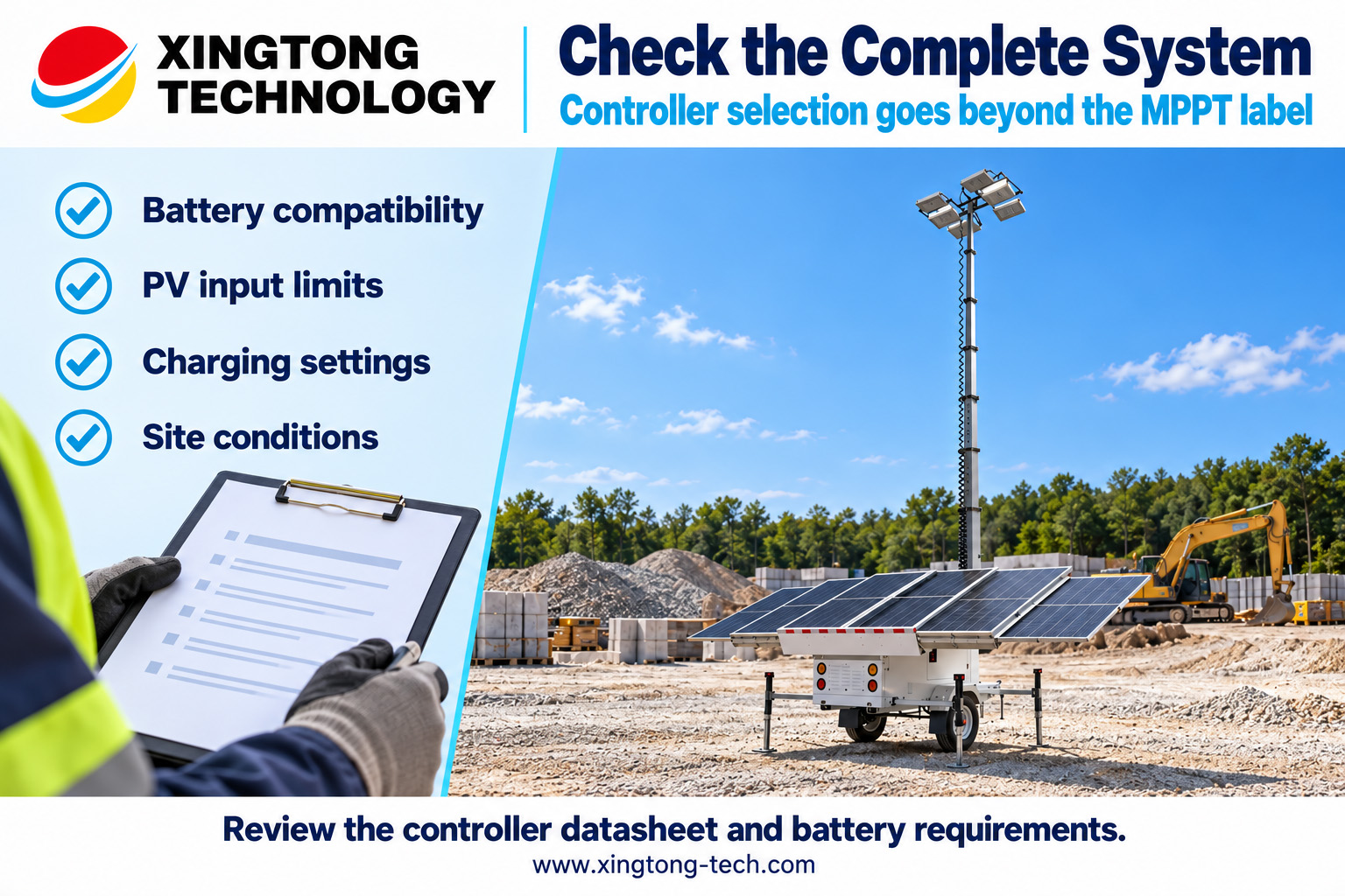 Illustration of battery compatibility, PV input limits and charging settings for Xingtong Technology mobile solar lighting towers.