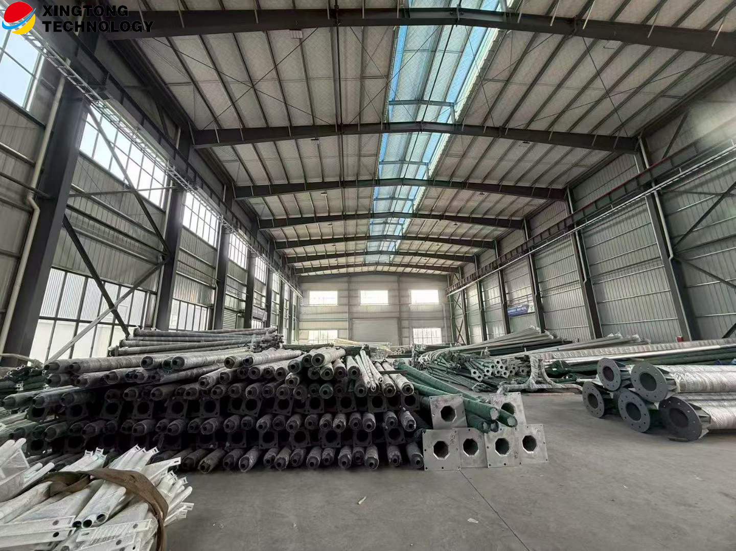 Lighting poles stored inside the Anhui Xingtong Technology factory