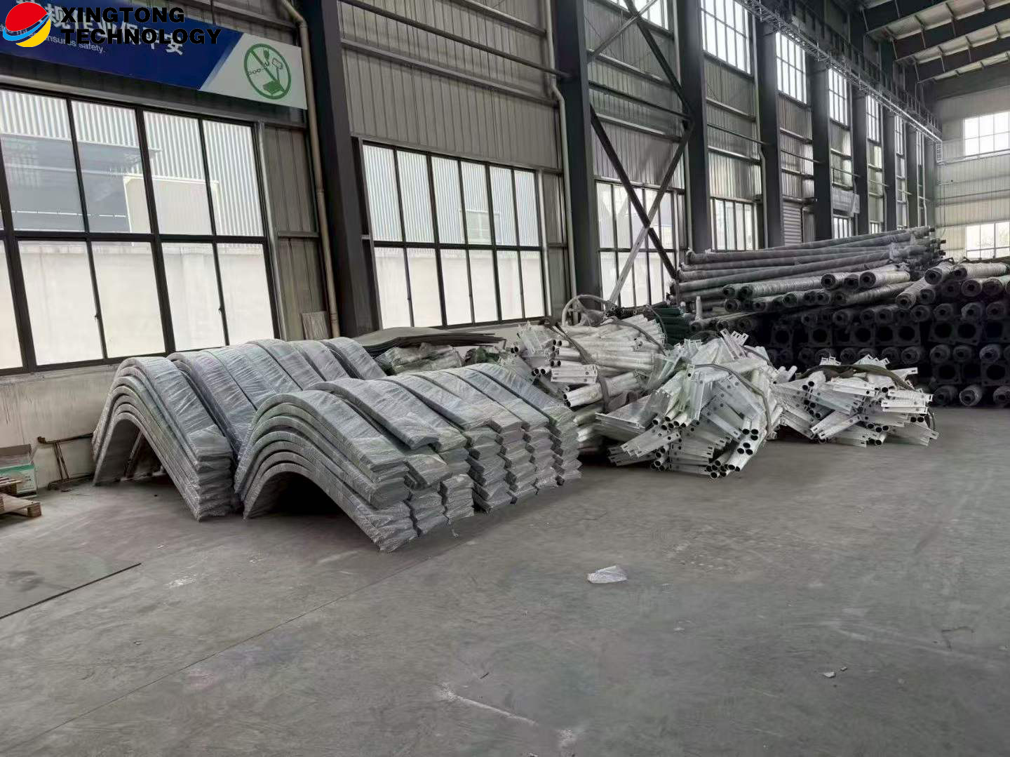 Curved lighting arms and mounting components at the factory