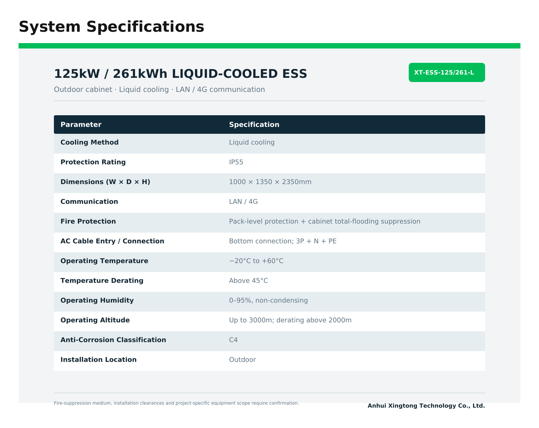 125kW 261kWh Liquid-Cooled Energy Storage Cabinet - System Specifications