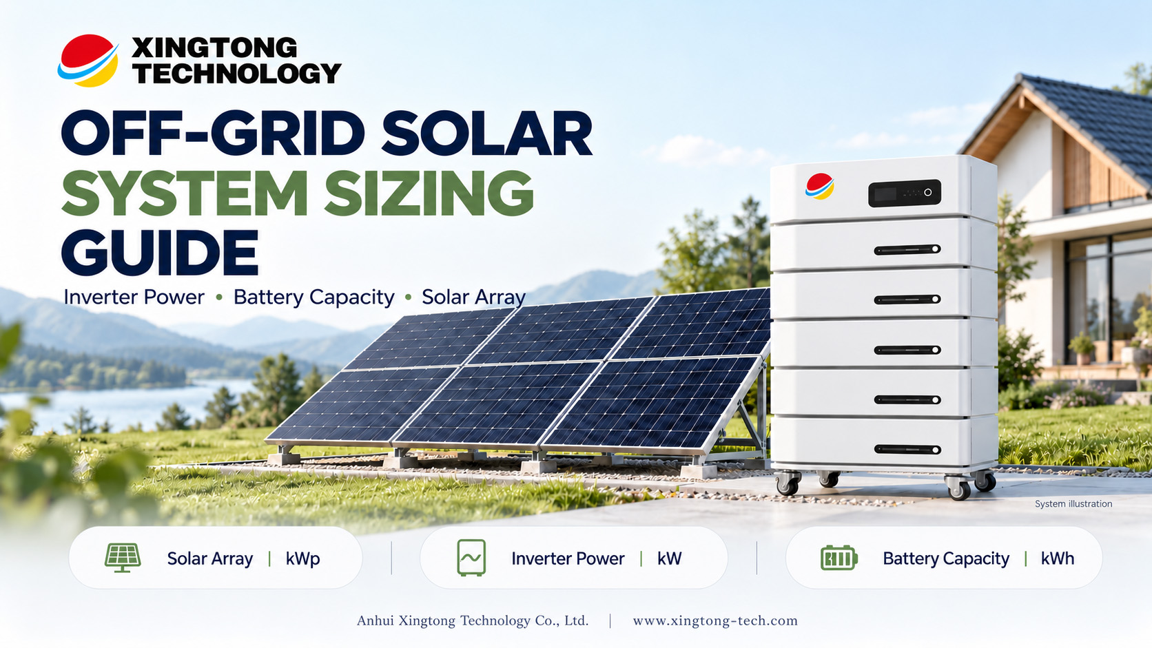 Off-grid solar system sizing guide with solar panels and stackable home battery storage